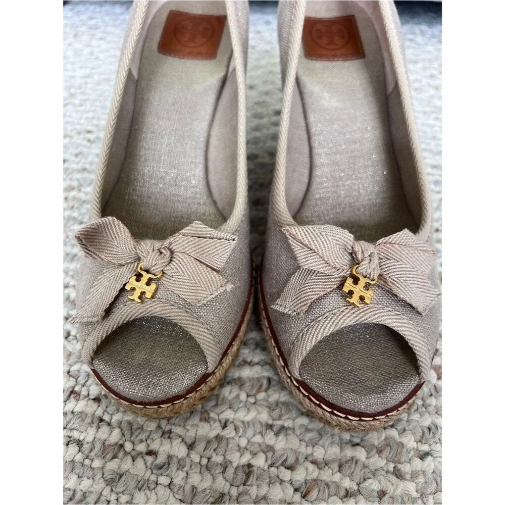 Tory Burch Jackie Canvas Bow Peep Toe Espadrille Wedges
